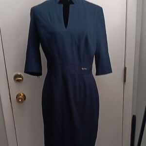 Tahari Classic Navy Sheath Dress with Notch Neck